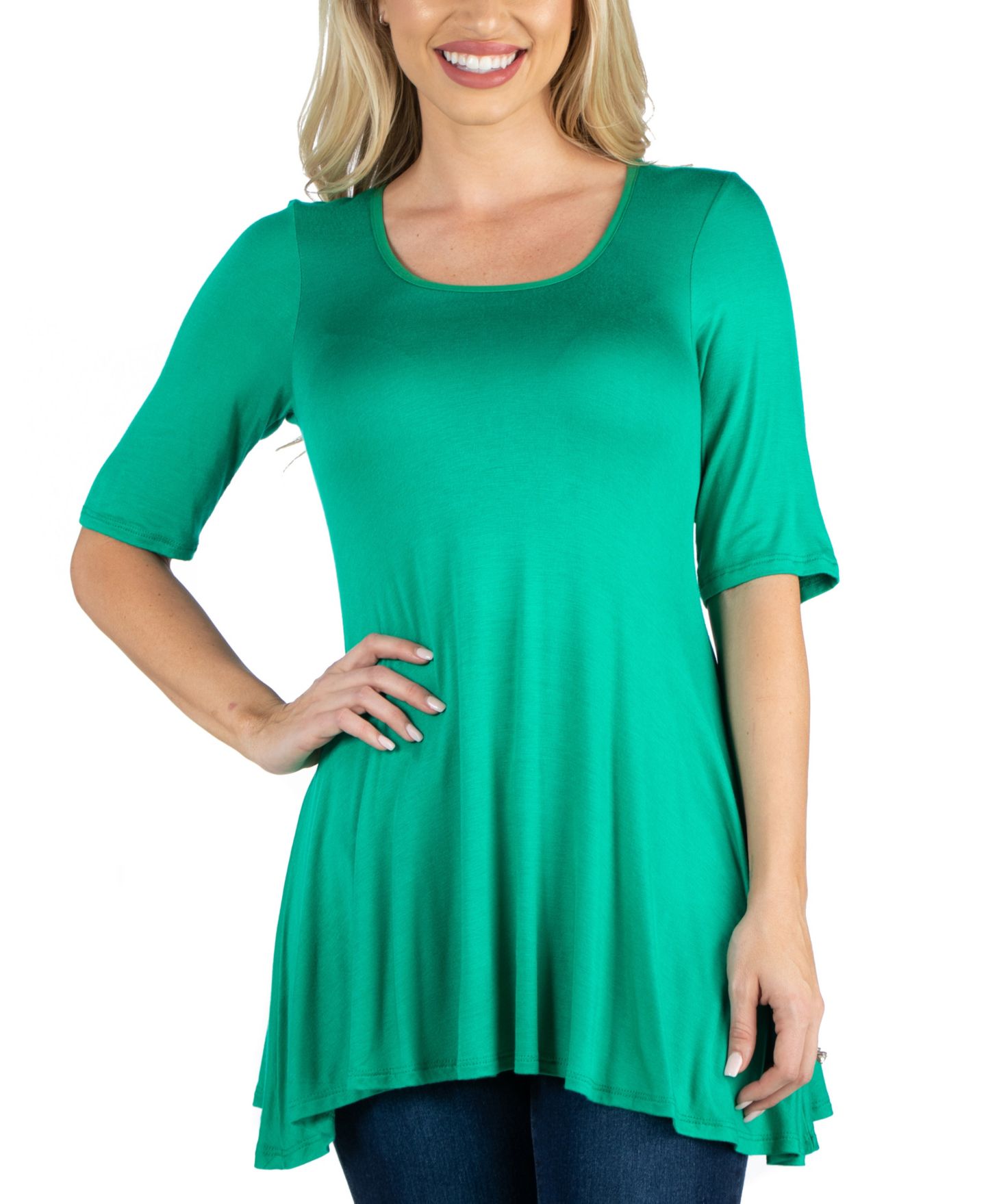 Женский топ 24seven Comfort Apparel Elbow Sleeve Swing Tunic Top For Women, цвет: Зелёный — фото 1