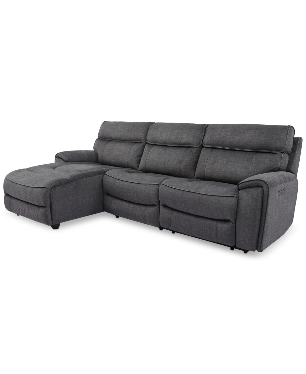 Furniture Hutchenson 3-pc. Fabric Chaise Sectional With Power Recliner And Power Headrest In Charcoal Moss
