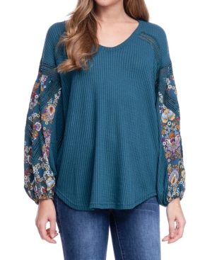 image of Fever Long Sleeve Printed Waffle V-Neck Top