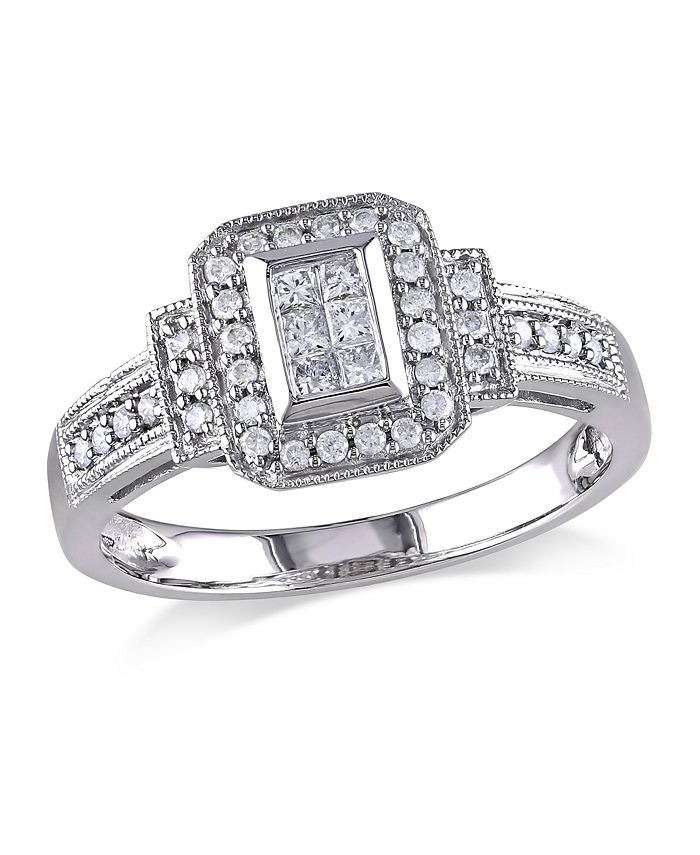 Macy's - Princess and Round Diamond (1/3 ct. t.w.) Halo Engagement Ring in 14k White Gold