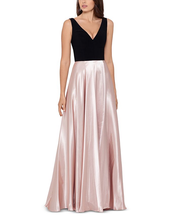 betsy and adam ruffled v neck gown