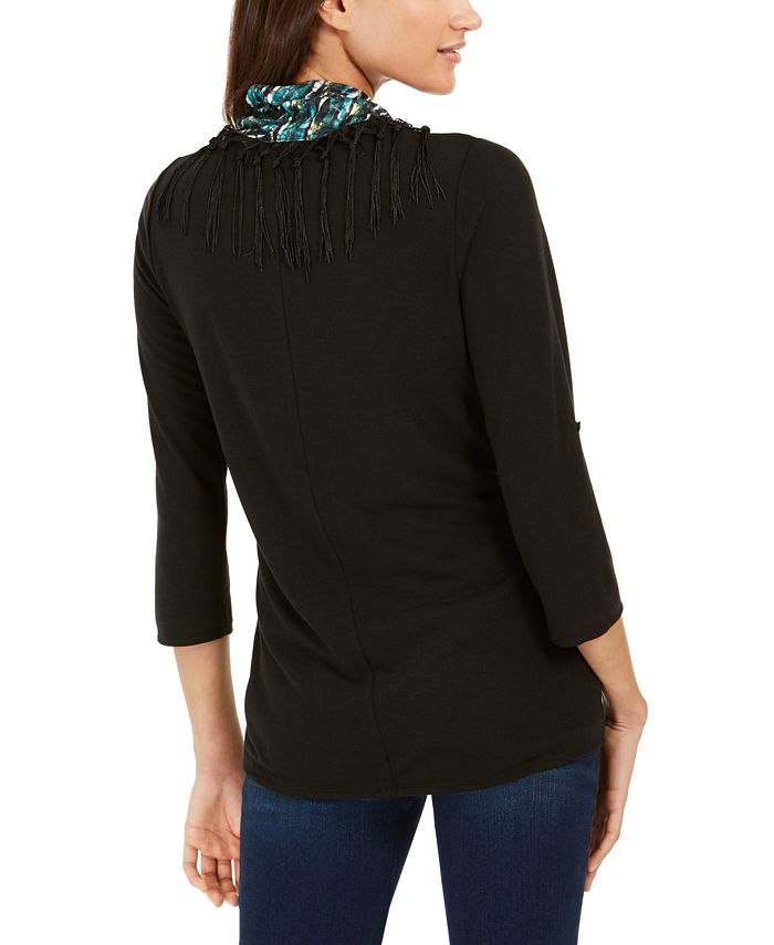 NY Collection Petite Fringe-Trim Scarf Top - Macy's