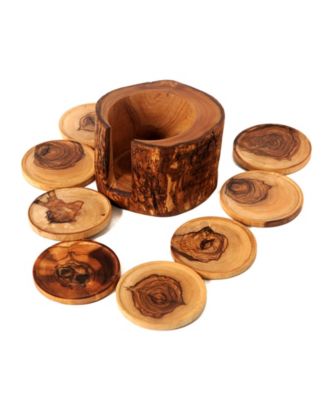 Olive Wood Rustic Coaster Set of 8 with Holder