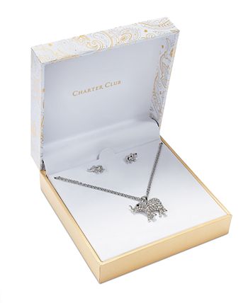 Charter Club - Silver-Tone Crystal Elephant Pendant Necklace & Stud Earrings Boxed Set, 17" + 2" extender