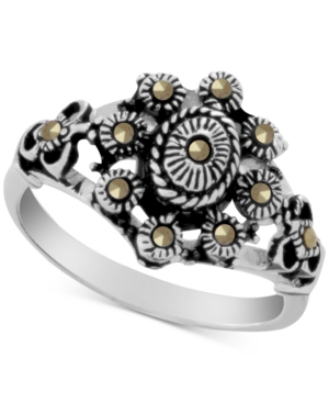 image of Genuine Swarovski Marcasite Floral Ring in Fine Silver-Plate