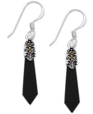 image of Genuine Swarovski Marcasite & Onyx Pointed Drop Earrings in Fine Silver-Plate
