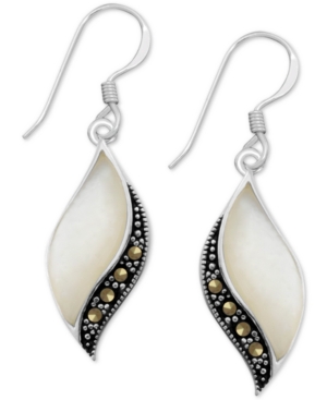 image of Genuine Swarovski Marcasite & Mother-of-Pearl Twist Teardrop Earrings in Fine Silver-Plate