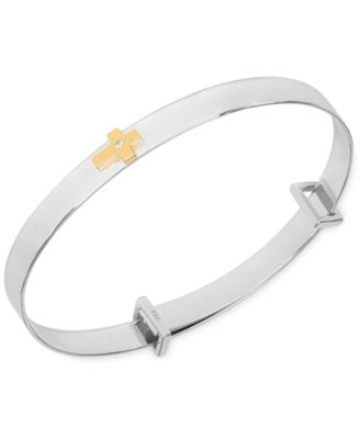 Rhona Sutton - Children's Diamond Accent Central Cross Expander Bangle Bracelet in Sterling Silver and 14K Gold over Sterling Silver
