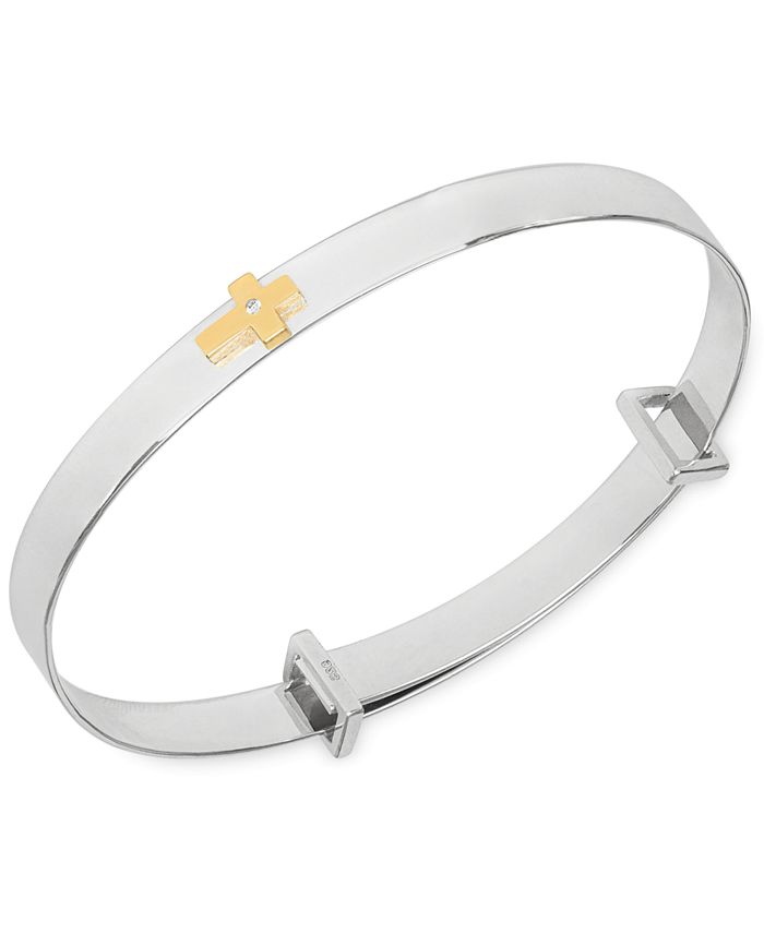 Rhona Sutton - Children's Diamond Accent Central Cross Expander Bangle Bracelet in Sterling Silver and 14K Gold over Sterling Silver