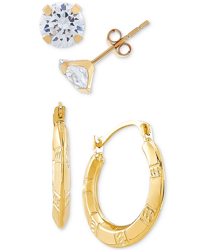 Macy's - 2-Pc. Set Cubic Zirconia Stud Earrings & Small Puff Hoop Earrings in 10k Gold