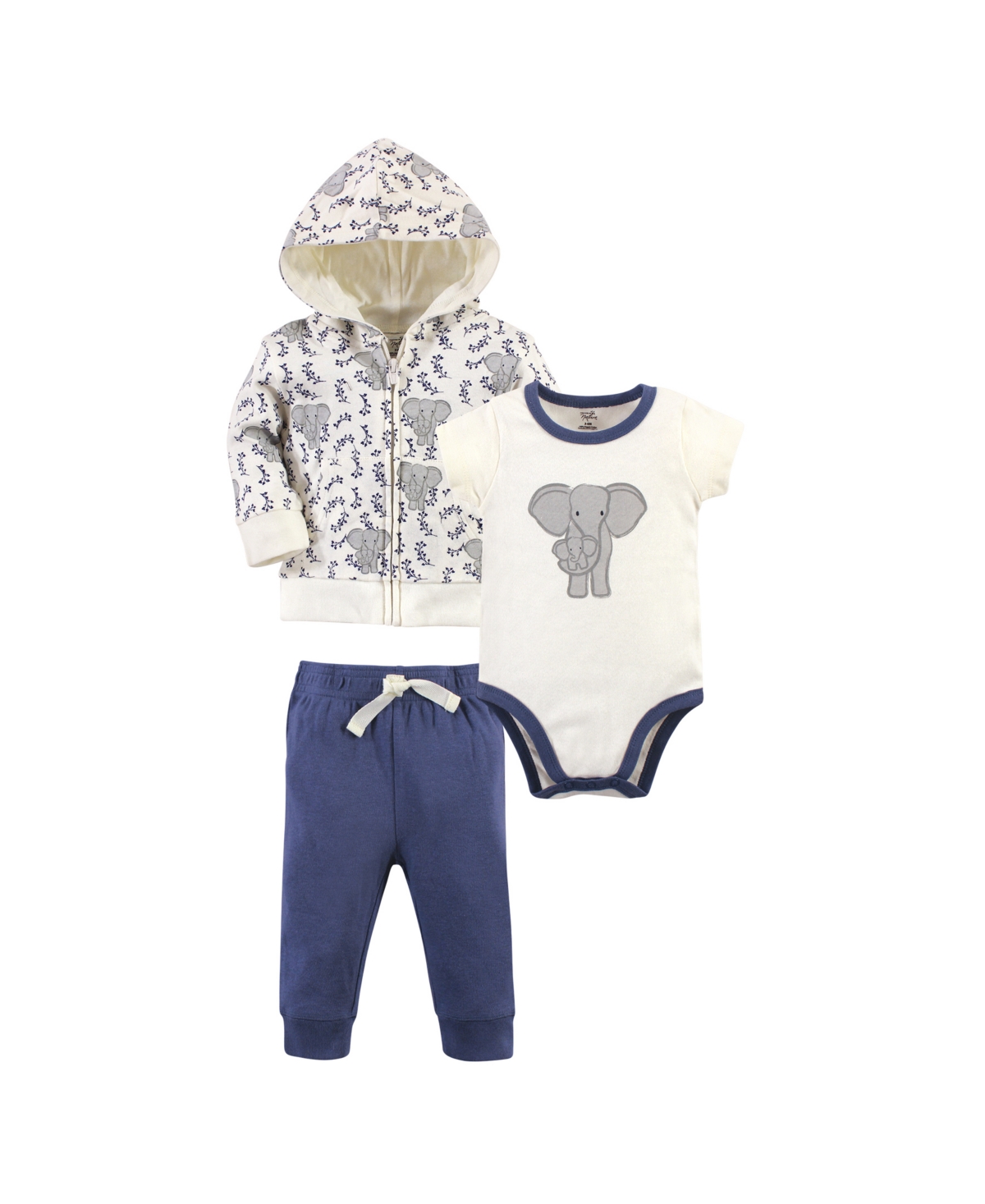 Touched by Nature Baby Boys Baby Unisex Organic Cotton Hoodie, Bodysuit or Tee Top, and Pant,- Print elephant