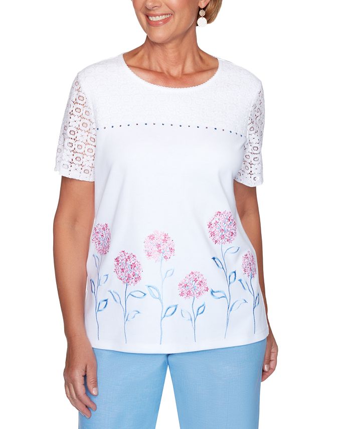 Alfred Dunner Garden Party Lace-Sleeve Embroidered Top - Macy's