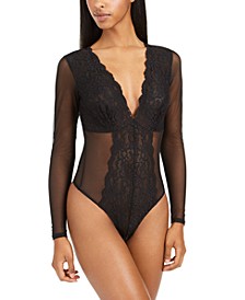 Not So Basic Long-Sleeve Lace Mesh Bodysuit, Created for Macy's