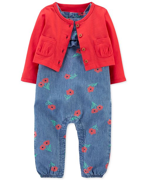 Carter S Baby Girls 2 Pc Cotton Cardigan Chambray Jumpsuit Set