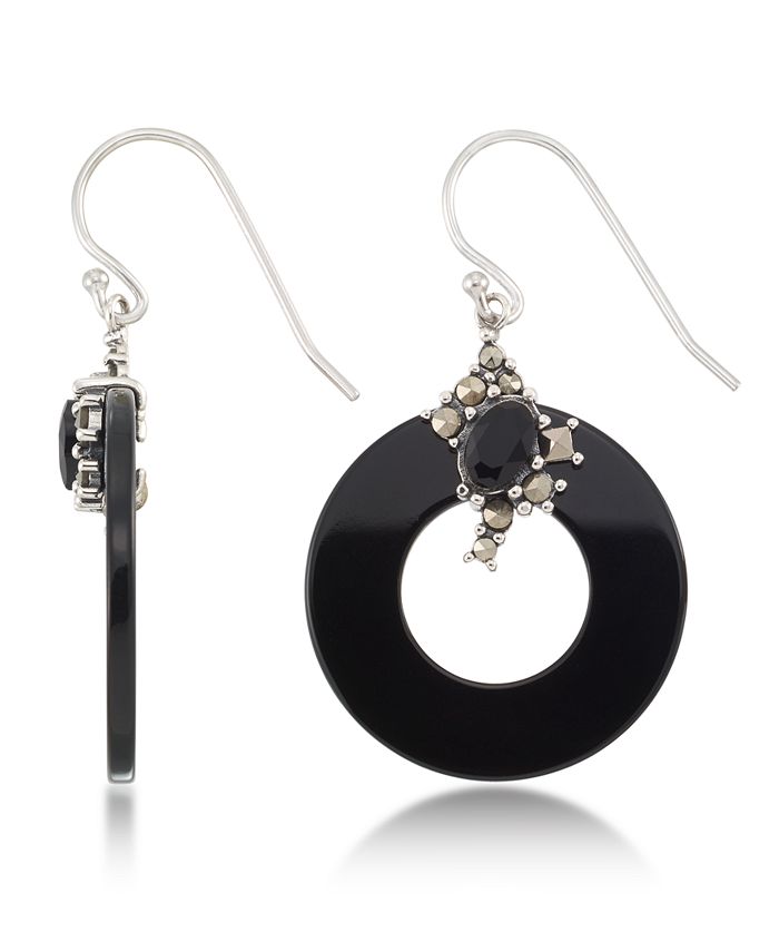 Macy's - Marcasite and Onyx Disc and Faceted Onyx Wire Earrings in Sterling Silver