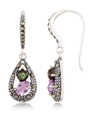image of Marcasite, Amethyst ( 9/10 ct. t.w.) and Abalone (1-9/10 ct. t.w.) Teardrop Wire Earrings in Sterling Silver