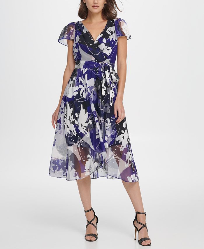 DKNY Flutter Sleeve Abstract Satin Burnout Midi Dress - Macy's