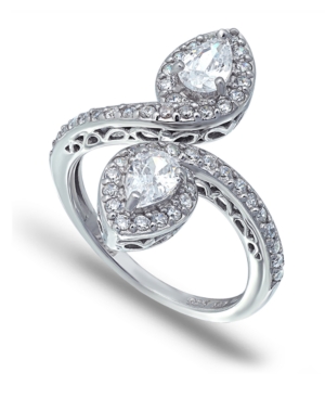 image of Cubic Zirconia Pear Halo Bypass Ring in Fine Silver Plate