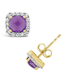 Amethyst (1-1/2 ct. t.w.) and Created White Sapphire (1/5 ct. t.w.) Halo Stud Earrings in 10k Yellow Gold. Also Available in Garnet (1 ct. t.w.) and Blue Topaz (1-1/3 ct. t.w.)