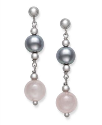 Gray Cultured Freshwater Pearl 7.5-8.5mm and Rose Quartz 8mm Drop Earrings in Sterling Silver