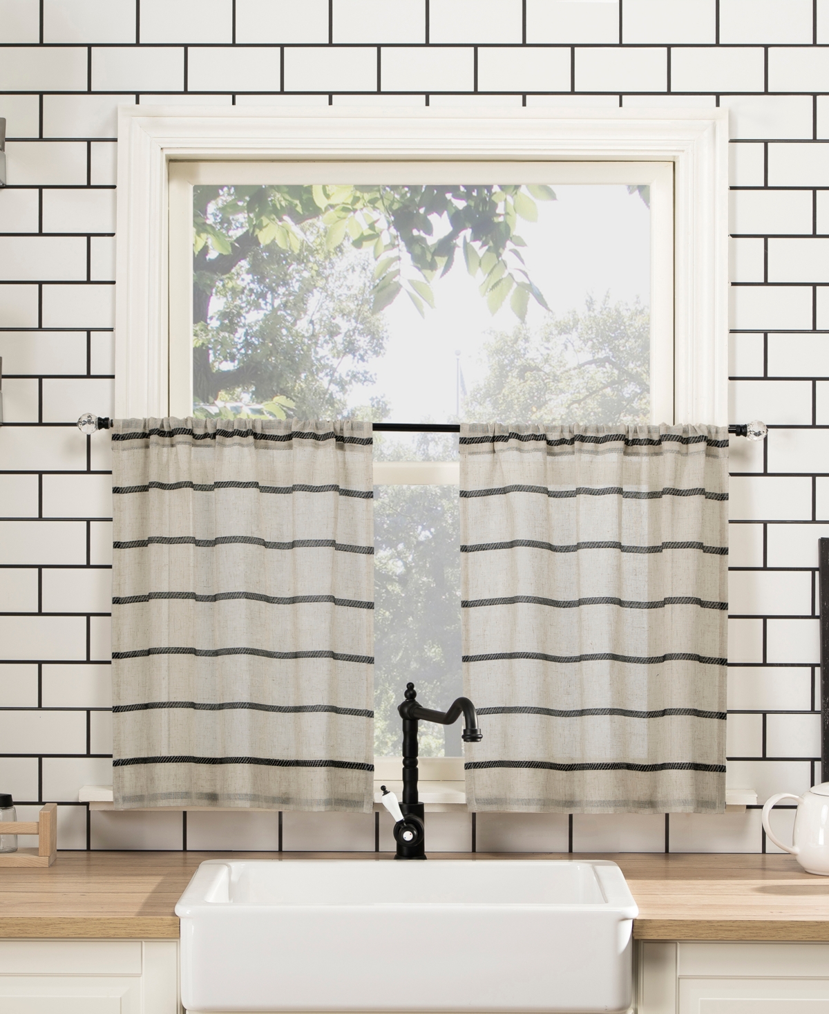Twill Stripe Anti-Dust Linen Blend Sheer Cafe Curtain Pair - Natural