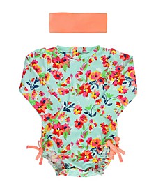 Baby Girl's Long Sleeve Rash Guard Swimsuit Swim Headband Set