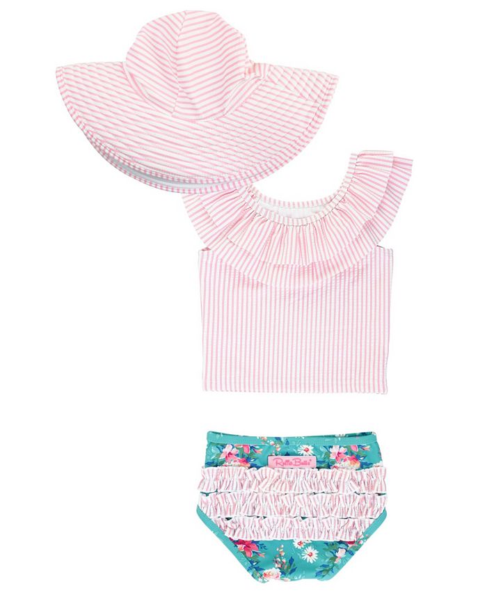 RuffleButts Baby Girl's Ruffled Tankini Swimsuit Swim Hat Set, 2 Piece ...