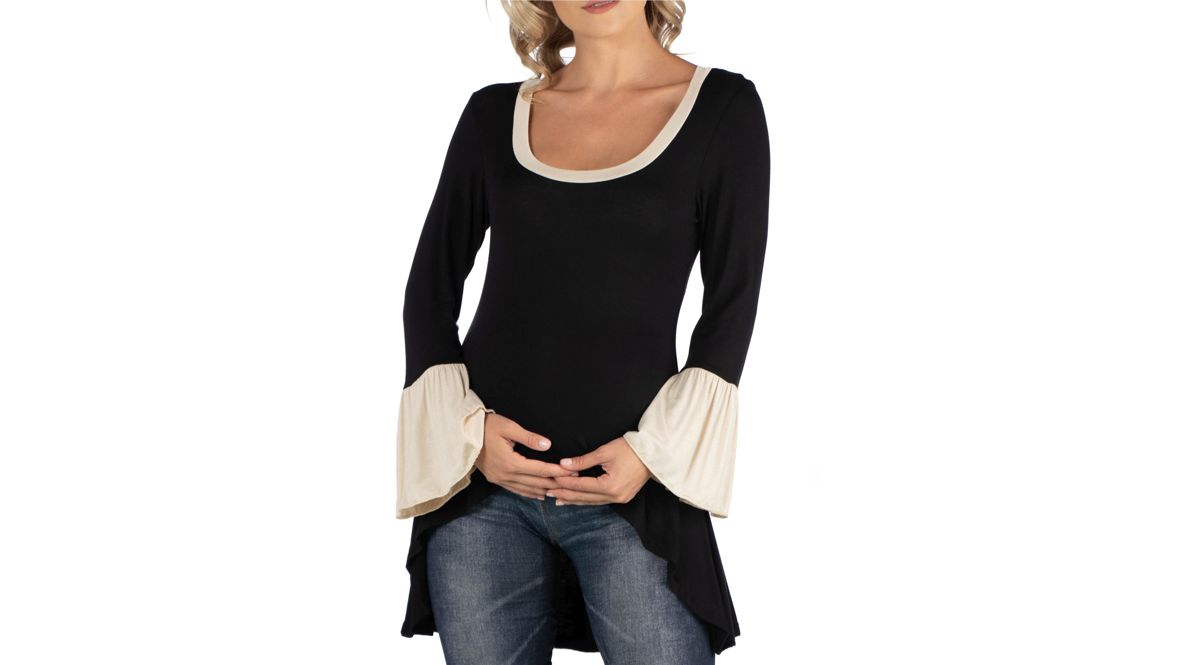 24Seven Comfort Apparel Swing High Low Bell Sleeve Maternity Tunic Top