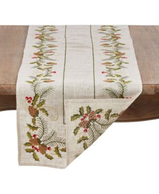Christmas Table Runner with Embroidered Pinecone and Holly Design