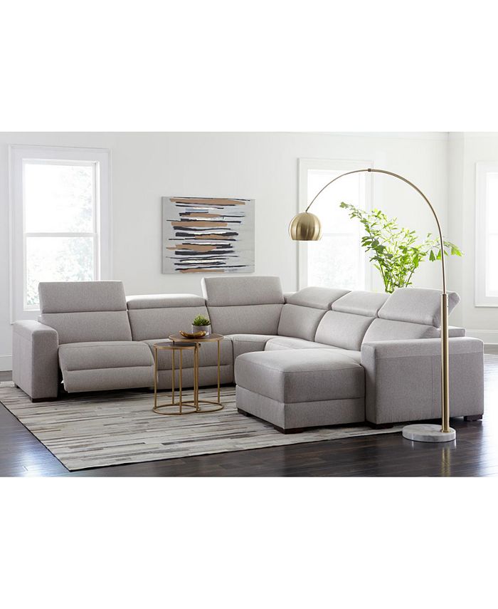 Furniture Nevio Leather Power Reclining, Grey Fabric Sectional Sofa With Recliner And Chaise Longue