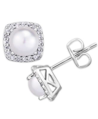 Birthstone Cushion Halo Solitaire Stud Earrings in Silver Plate