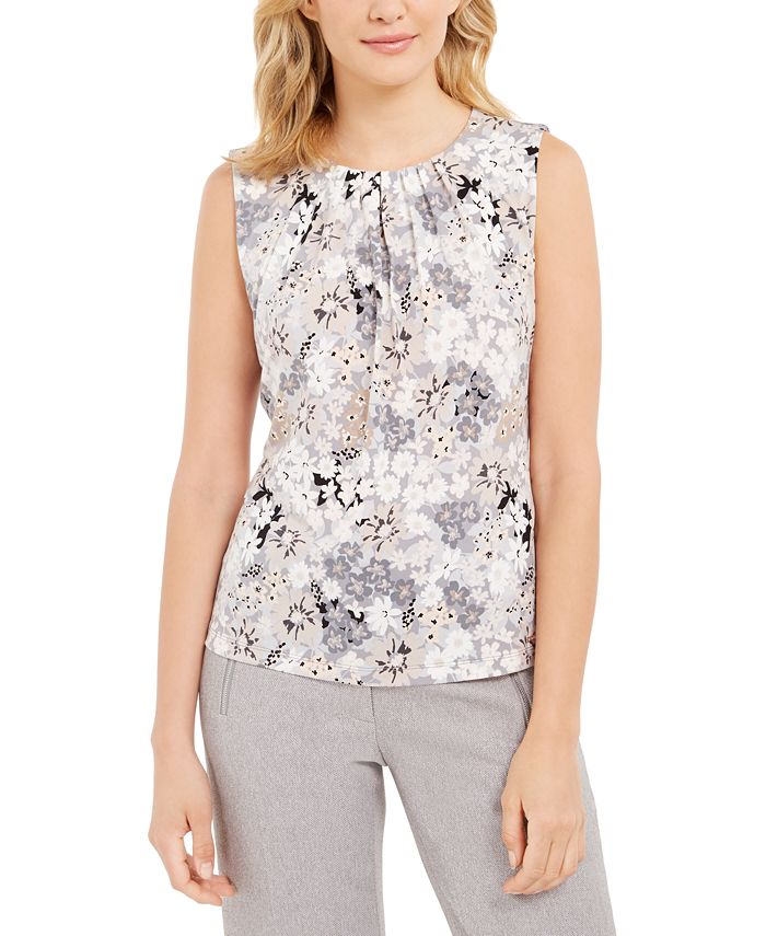Calvin Klein Women's Sleeveless Floral Pleated Top -White  Size Small