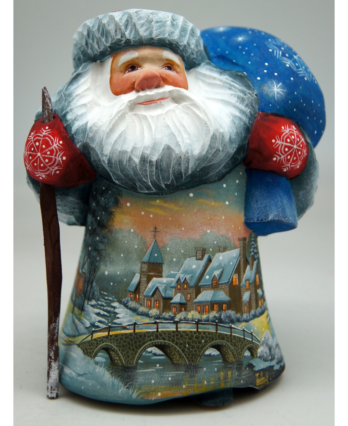 Woodcarved and Hand Painted Frosted Village Bridge Santa Figurine - Multi