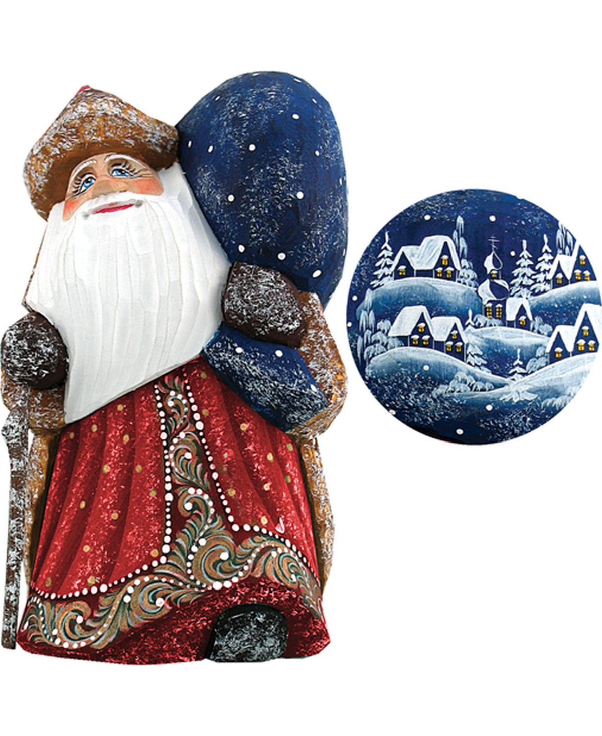 Woodcarved and Hand Painted Santa Yuletide Village Visitor with Bag Figurine - Multi
