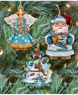Designocracy Coastal Santa Tree Angel Wood Ornaments, Set Of 3 In Multi
