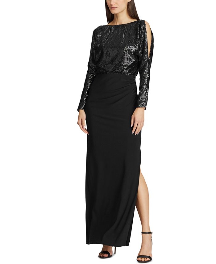Ralph Lauren Women's  Sequined Long Sleeve V Neck MIDI Faux Wrap Cocktail Dress Black Size 12