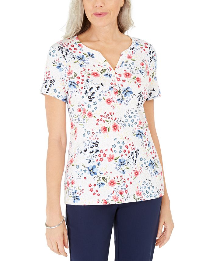 Karen Scott Womens Printed Henley Top Blue Size X Small 1