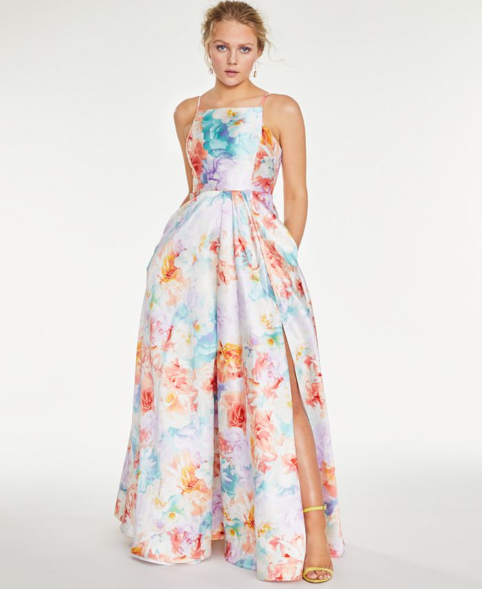 Crystal Doll Juniors' Floral Square-Neck Gown - Macy's