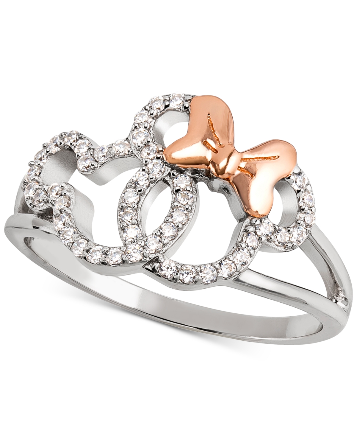Cubic Zirconia Mickey & Minnie Openwork Ring in Sterling Silver & 18k Rose Gold-Plate - Silver