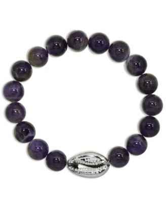 Genuine Stone Bead Puka Cowrie Shell Stretch Bracelet in Silver Plate or Gold Plate