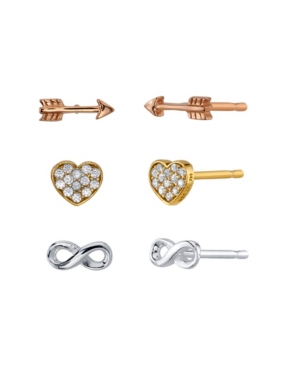 image of Unwritten Infinity, Heart, And Arrow Tri-Tone Fine Plated Silver Post Stud Set Earrings