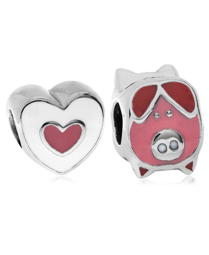 Rhona Sutton - Children's Enamel Piglet Heart Bead Charms - Set of 2 in Sterling Silver