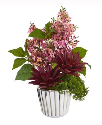 Nearly Natural - Lilac and Succulent Artificial Arrangement in White Vase with Silver Trimming