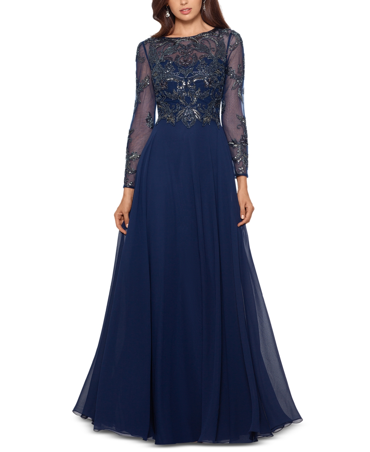 Women's Sequin Embellished Long Sleeve Chiffon Gown - Navy Blue