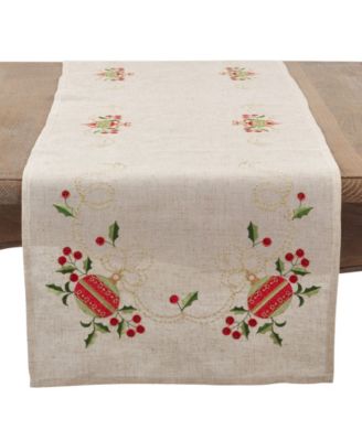 Embroidered Ornament Holiday Linen Blend Table Runner, 16" x 72"