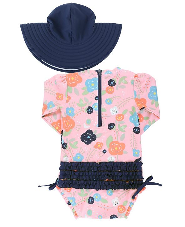 RuffleButts Toddler Girls Long Sleeve Rash Guard Swimsuit Swim Hat Set