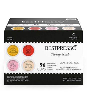 Bestpresso - Variety Pack 96 Pods per Pack. Breakfast Blend – 24 Pods (Light Roast), Donut Shop –24 Pods (Medium Roast), 100% Colombian – 24 Pods (Medium Roast), Italian Roast – 24 Pods (Dark Roast)