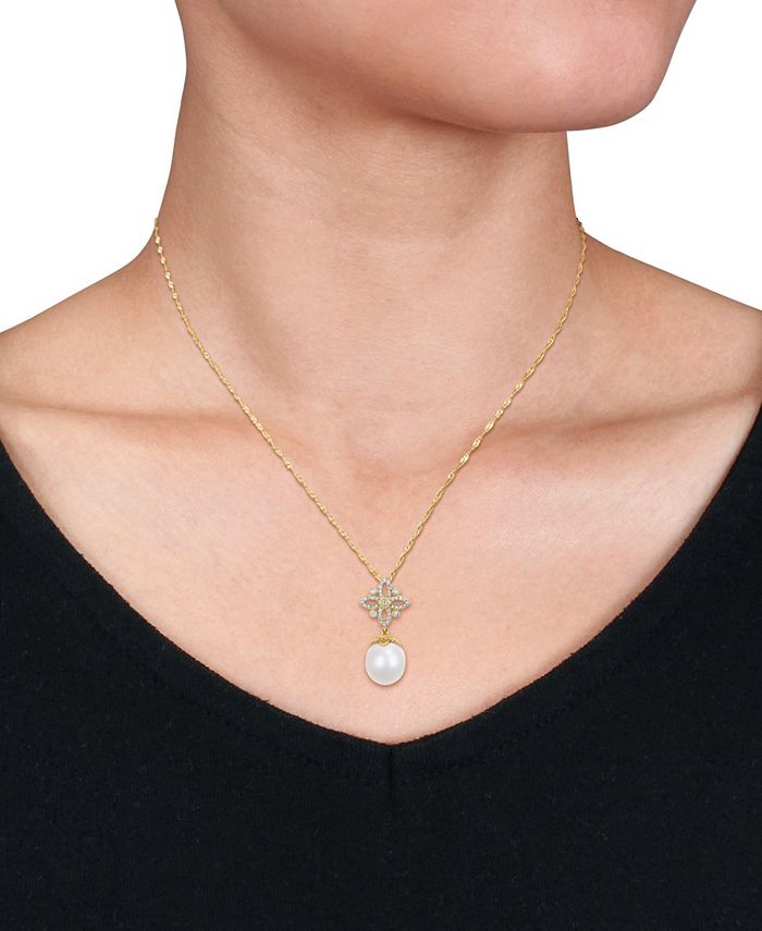 Macy's - South Sea Cultured Pearl (11-12mm) and Diamond (1/4 ct. t.w.) Floral Drop 17" Necklace in 14k Yellow Gold