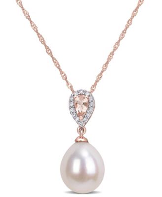 Macy's - Freshwater Cultured Pearl (9-9.5mm), Morganite (1/4 ct. t.w.) and Diamond-Accent 17" Necklace in 10k Rose Gold