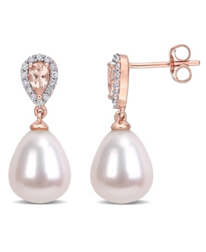 image of Freshwater Cultured Pearl (9-9.5mm), Morganite (1/2 ct. t.w.) and Diamond (1/7 ct. t.w.) Drop Earrings in 10k Rose Gold